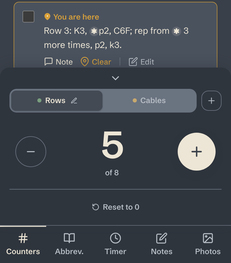 The app open on a cable scarf with the Counters tool showing. The Rows counter reads 5, of 8, next to a second counter called Cables.